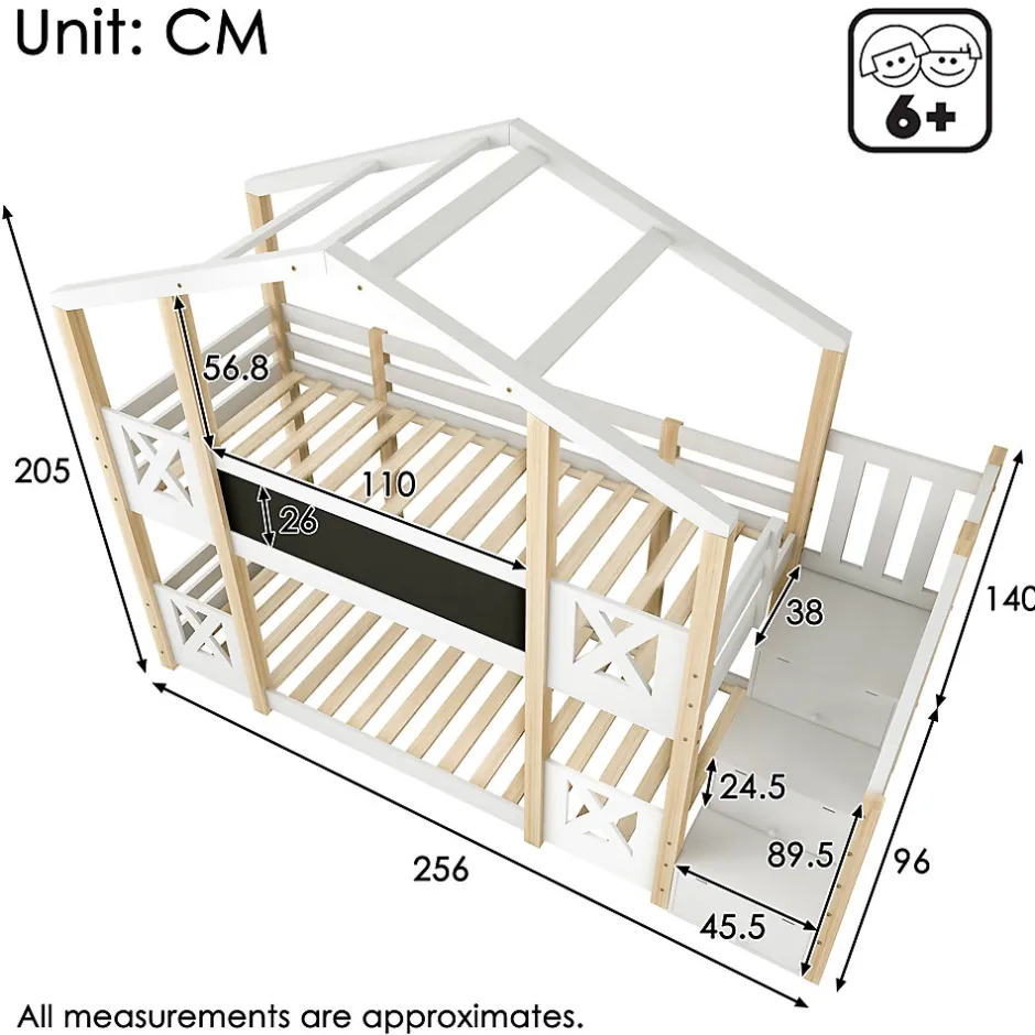 Enfant Redom Lit superposé 90x200 cm avec échelle-rangement et tableau 110x26 cm, structure pin massif et panneaux en blanc/naturel