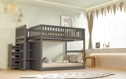 Enfant Redom Lit superposé 140x200 cm avec échelle sécurisée et 4 tiroirs de rangement, structure bois gris
