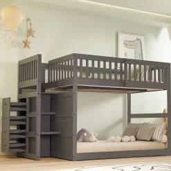 Enfant Redom Lit superposé 140x200 cm avec échelle sécurisée et 4 tiroirs de rangement, structure bois gris