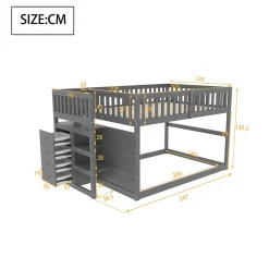 Enfant Redom Lit superposé 140x200 cm avec échelle sécurisée et 4 tiroirs de rangement, structure bois gris