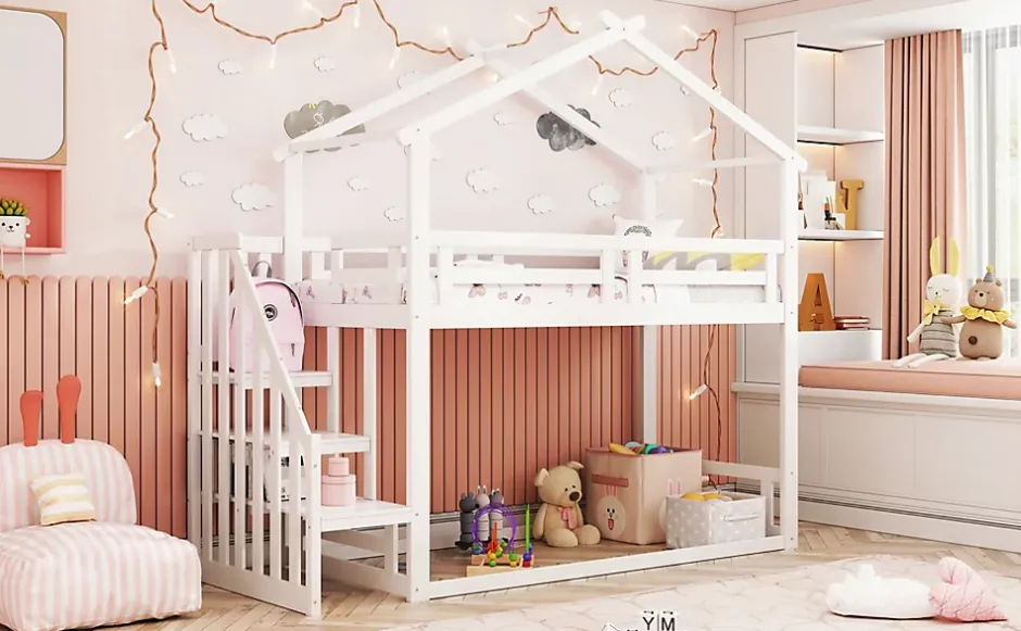 Redom Lit superposé 90x200 cm avec échelle de sécurité et grand rangement, structure en bois massif blanc Hot