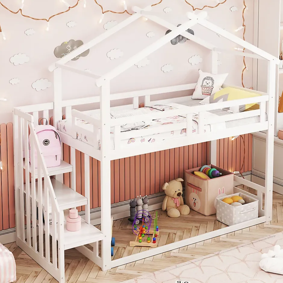 Redom Lit superposé 90x200 cm avec échelle de sécurité et grand rangement, structure en bois massif blanc Hot