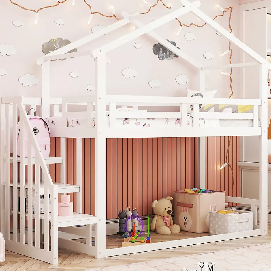 Redom Lit superposé 90x200 cm avec échelle de sécurité et grand rangement, structure en bois massif blanc Hot