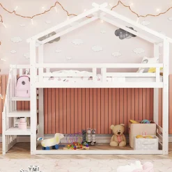 Redom Lit superposé 90x200 cm avec échelle de sécurité et grand rangement, structure en bois massif blanc Hot