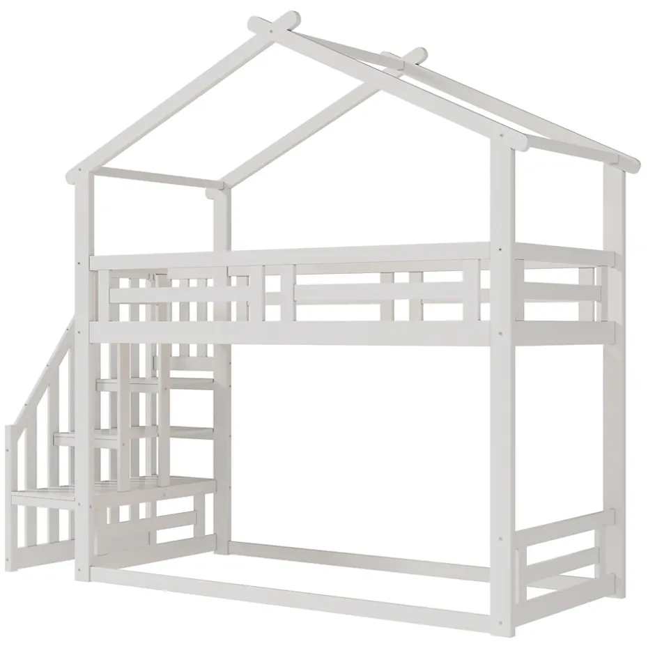Redom Lit superposé 90x200 cm avec échelle de sécurité et grand rangement, structure en bois massif blanc Hot