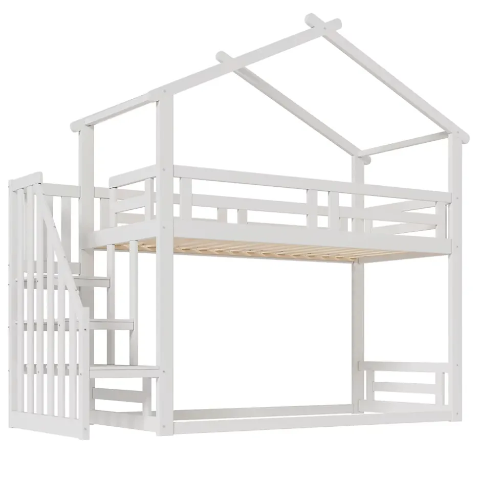 Redom Lit superposé 90x200 cm avec échelle de sécurité et grand rangement, structure en bois massif blanc Hot
