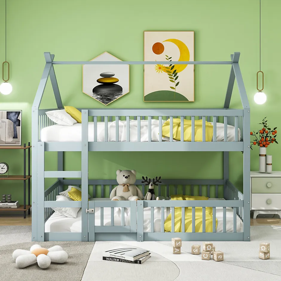 Enfant Redom Lit superposé 140x200 cm avec échelle intégrée et structure en bois massif, design loft gris