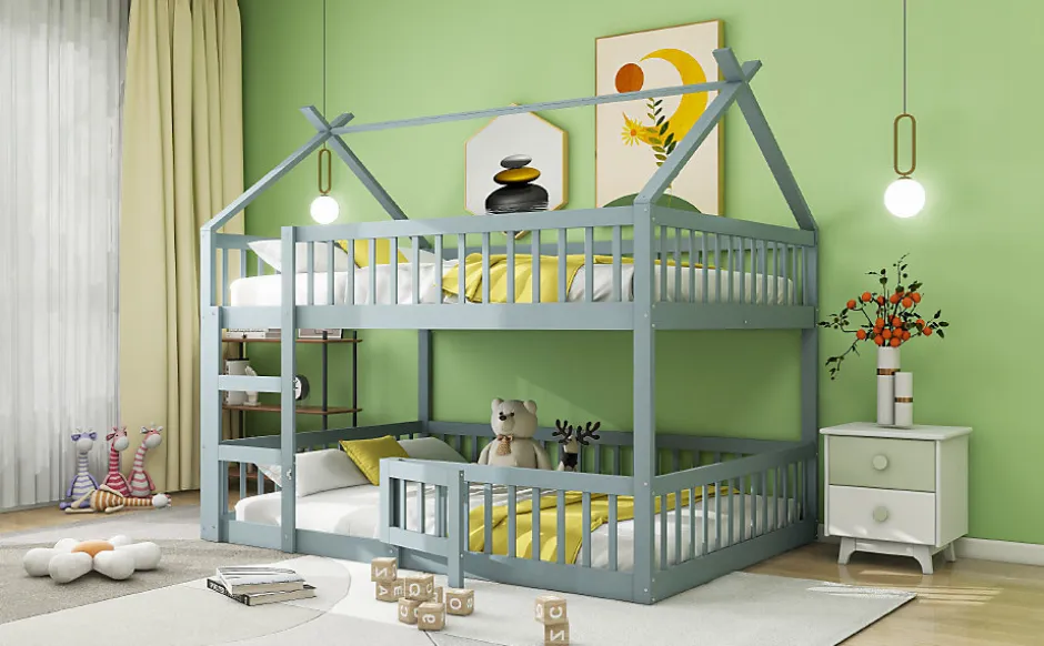 Enfant Redom Lit superposé 140x200 cm avec échelle intégrée et structure en bois massif, design loft gris