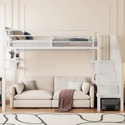 Enfant Redom Lit superposé 90x200 cm avec échelle intégrée et rangements, structure métal blanc design contemporain gain de place