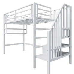 Enfant Redom Lit superposé 90x200 cm avec échelle intégrée et rangements, structure métal blanc design contemporain gain de place