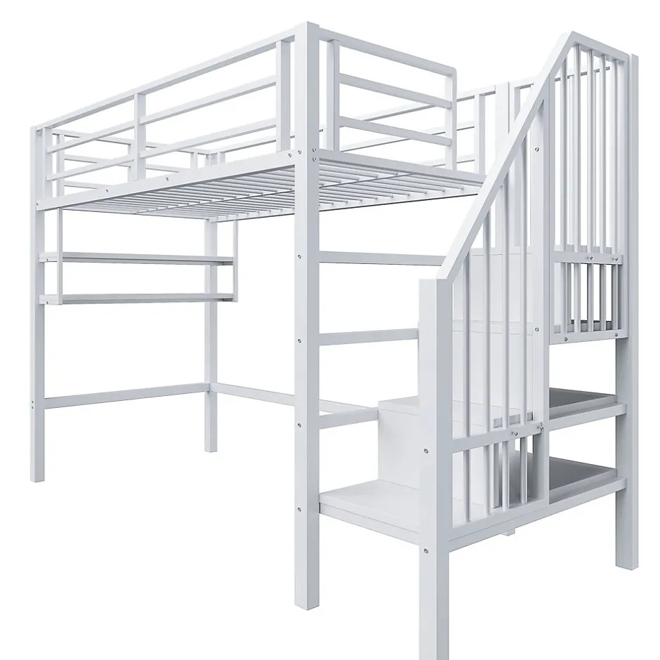 Enfant Redom Lit superposé 90x200 cm avec échelle intégrée et rangements, structure métal blanc design contemporain gain de place