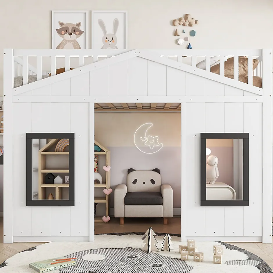 Enfant Redom Lit superposé 90x200 cm avec escalier intégré, cabane décorative et structure en pin/MDF, gain de place