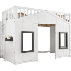 Enfant Redom Lit superposé 90x200 cm avec escalier intégré, cabane décorative et structure en pin/MDF, gain de place