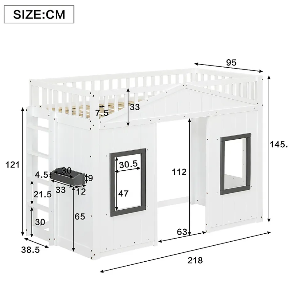 Enfant Redom Lit superposé 90x200 cm avec escalier intégré, cabane décorative et structure en pin/MDF, gain de place