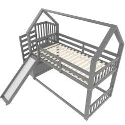 Redom Lit superposé 90x200 cm avec escalier de rangement et toboggan, structure en pin et MDF, chambre enfant Clearance