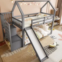 Redom Lit superposé 90x200 cm avec escalier de rangement et toboggan, structure en pin et MDF, chambre enfant Clearance