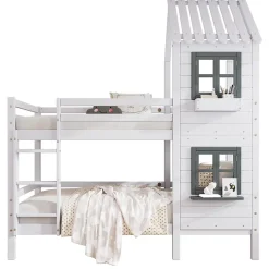 Redom Lit superposé 90x200 cm avec fenêtres et échelle à main courante, structure en pin massif et MDF
