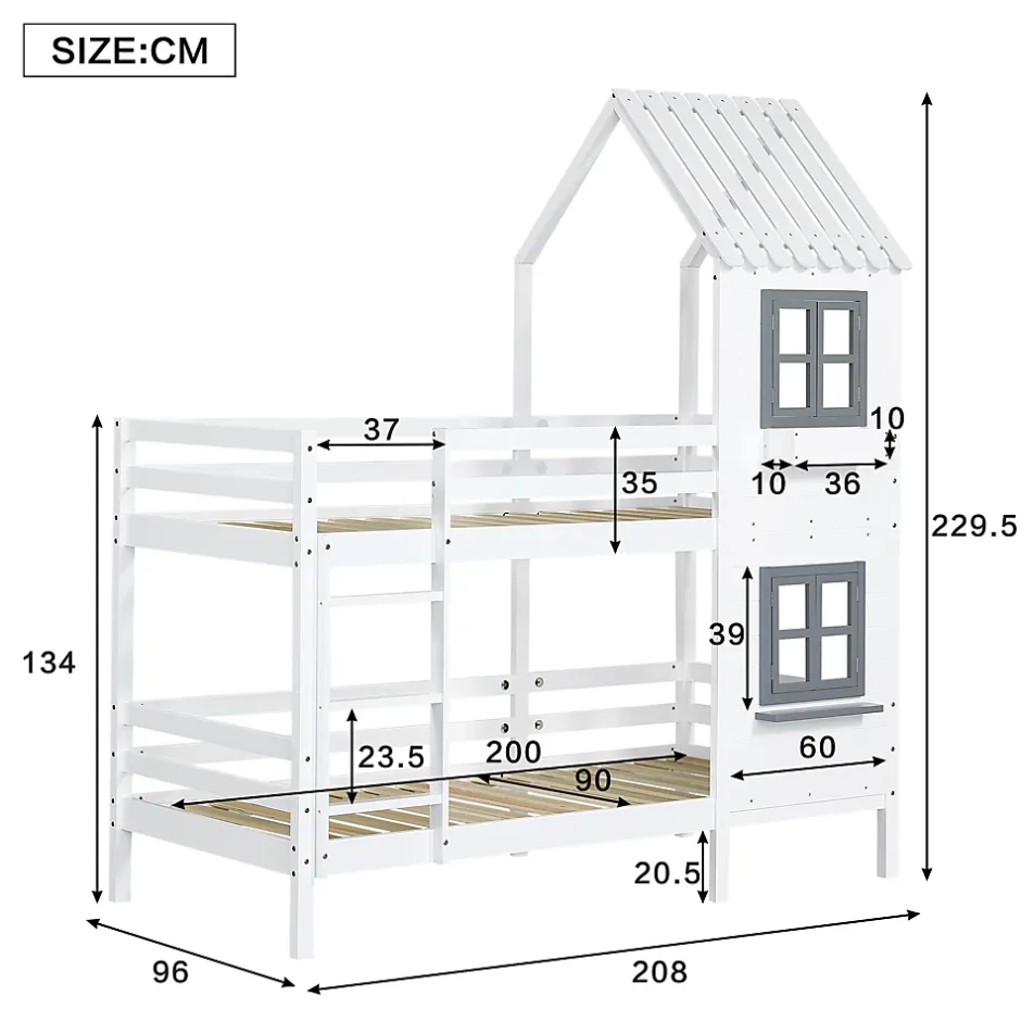 Redom Lit superposé 90x200 cm avec fenêtres et échelle à main courante, structure en pin massif et MDF