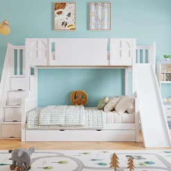 Enfant Fortuna lai Lit superposé 90x200 cm, avec fenêtre, toboggan, étagères, 4 rangements, cadre bois
