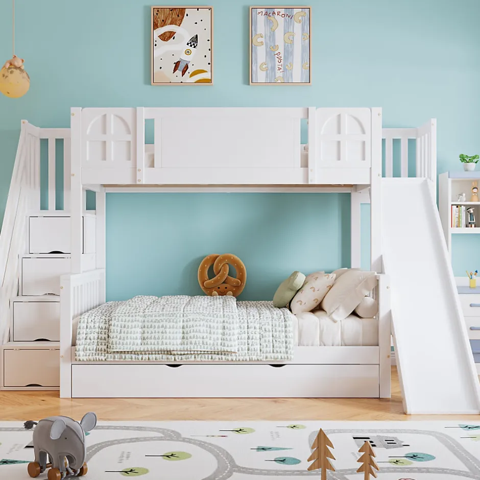 Enfant Fortuna lai Lit superposé 90x200 cm, avec fenêtre, toboggan, étagères, 4 rangements, cadre bois