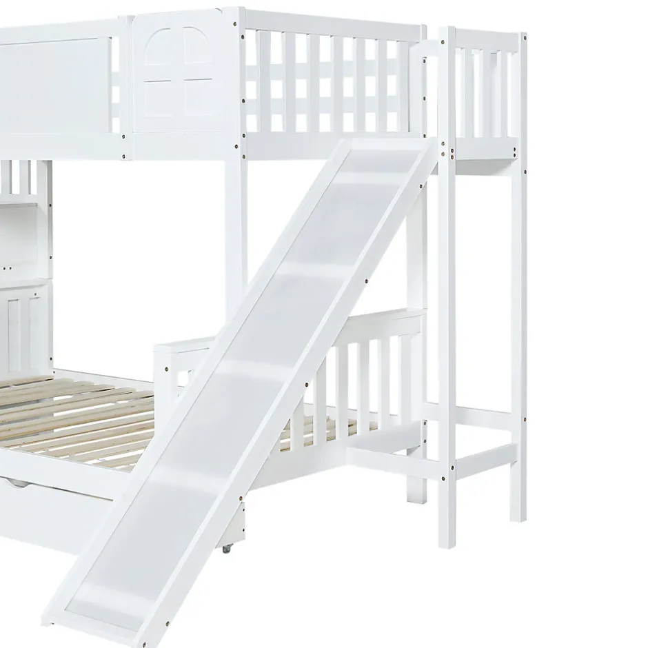 Enfant Fortuna lai Lit superposé 90x200 cm, avec fenêtre, toboggan, étagères, 4 rangements, cadre bois