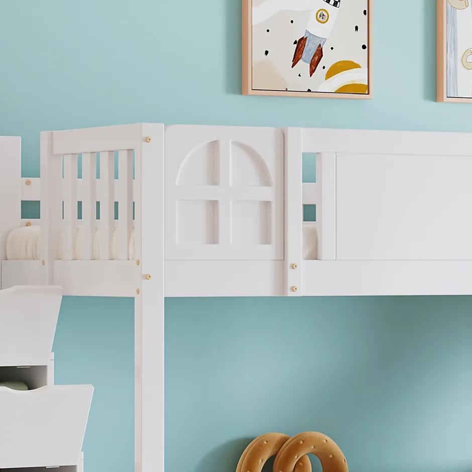 Enfant Fortuna lai Lit superposé 90x200 cm, avec fenêtre, toboggan, étagères, 4 rangements, cadre bois