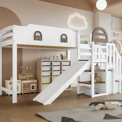 Fortuna lai Lit superposé 90x200 cm, avec fenêtre, toboggan, 2 rangements dans l'échelle, blanc,marron New