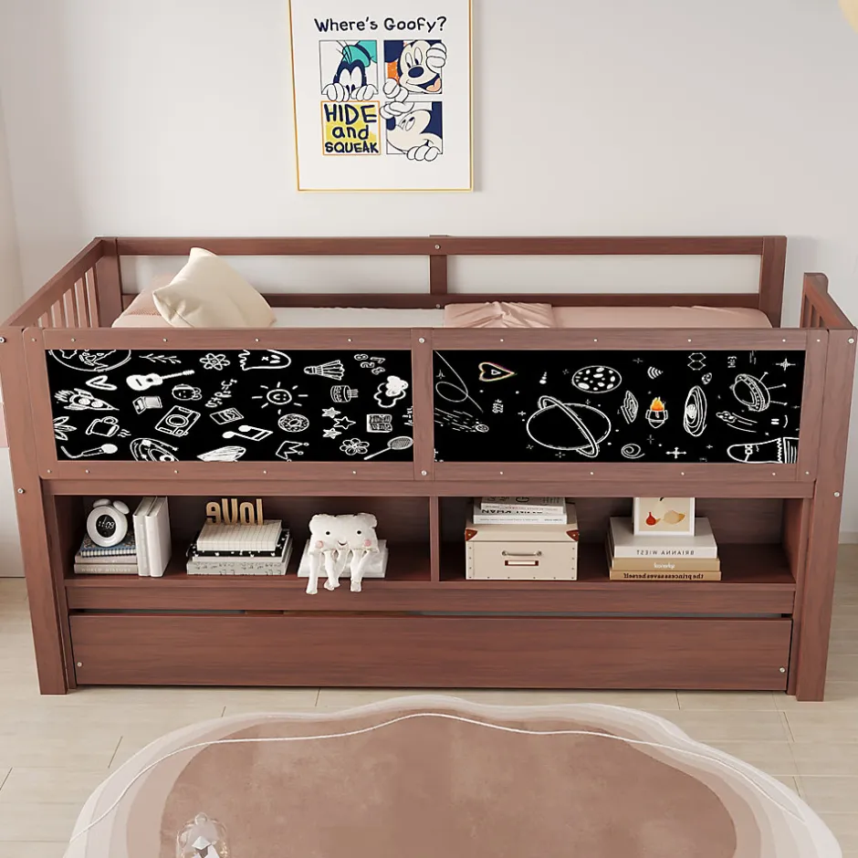 Enfant Redom Lit superposé 90x200 cm avec lit gigogne, panneaux tableau à craie et rangement ouvert en bois massif brun