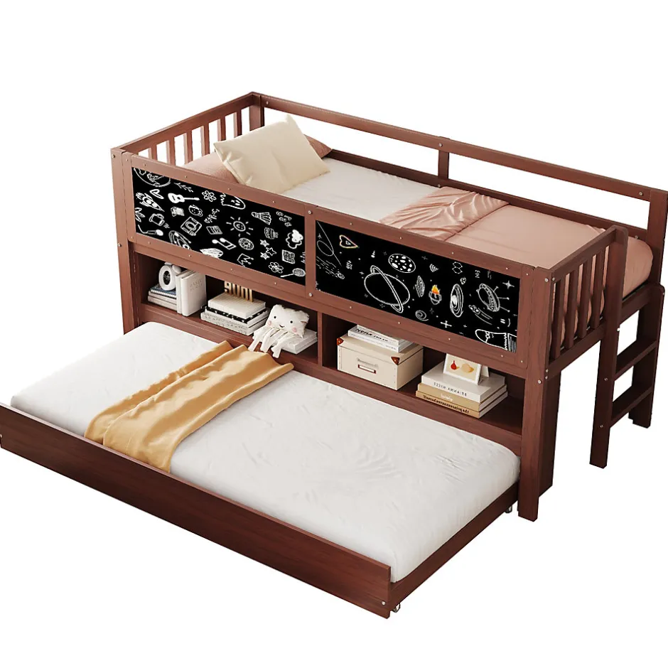 Enfant Redom Lit superposé 90x200 cm avec lit gigogne, panneaux tableau à craie et rangement ouvert en bois massif brun
