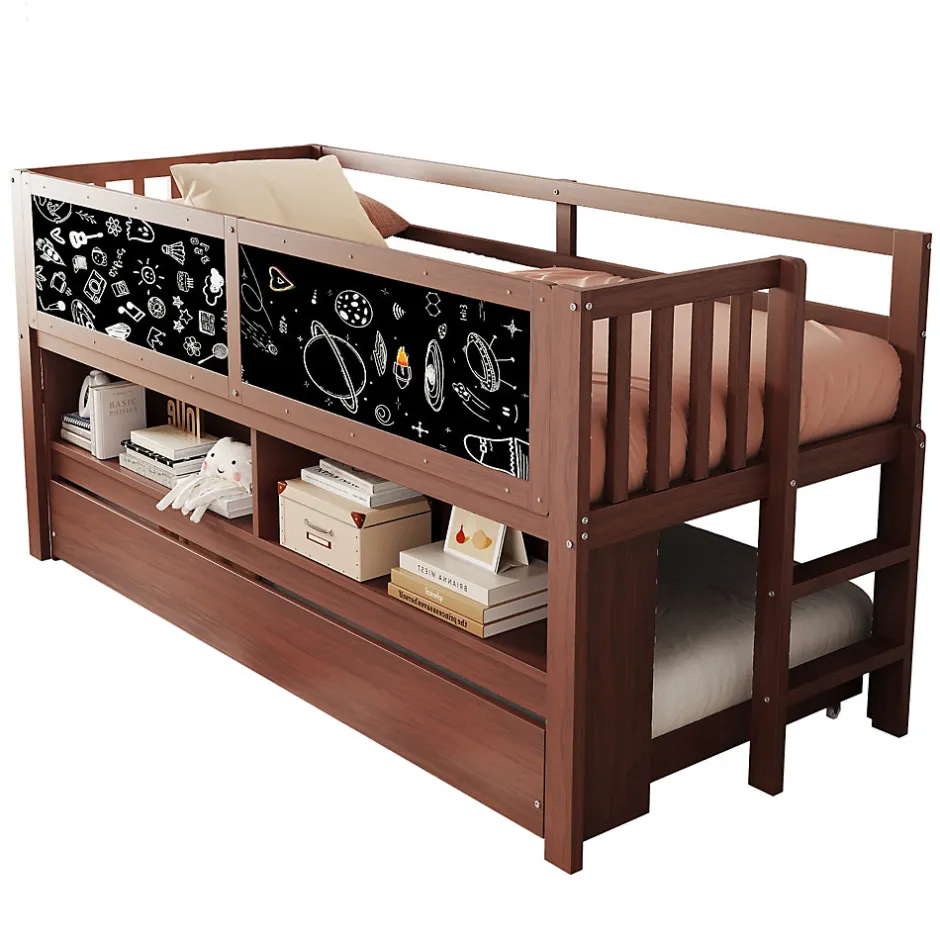 Enfant Redom Lit superposé 90x200 cm avec lit gigogne, panneaux tableau à craie et rangement ouvert en bois massif brun