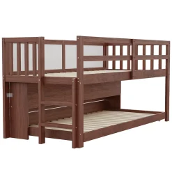 Enfant Redom Lit superposé 90x200 cm avec lit gigogne, panneaux tableau à craie et rangement ouvert en bois massif brun