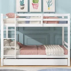 Redom Lit superposé 140x200 cm avec lit gigogne et échelle intégrée, structure en pin et MDF, finition blanche et garde-corps hauts Sale