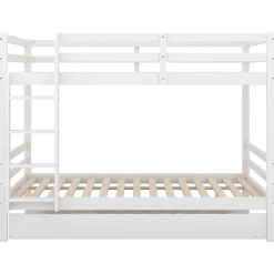 Redom Lit superposé 140x200 cm avec lit gigogne et échelle intégrée, structure en pin et MDF, finition blanche et garde-corps hauts Sale