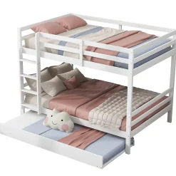 Redom Lit superposé 140x200 cm avec lit gigogne et échelle intégrée, structure en pin et MDF, finition blanche et garde-corps hauts Sale