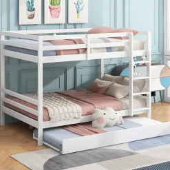 Redom Lit superposé 140x200 cm avec lit gigogne et échelle intégrée, structure en pin et MDF, finition blanche et garde-corps hauts Sale