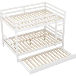 Redom Lit superposé 140x200 cm avec lit gigogne et échelle intégrée, structure en pin et MDF, finition blanche et garde-corps hauts Sale