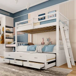 Enfant Okwish Lit Superposé 90x200 cm avec Lit Gigogne et 3 Tiroirs - Bois de Pin et MDF - Sans Matelas - Blanc
