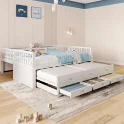Enfant Okwish Lit Superposé 90x200 cm avec Lit Gigogne et 3 Tiroirs - Bois de Pin et MDF - Sans Matelas - Blanc