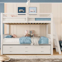Enfant Okwish Lit Superposé 90x200 cm avec Lit Gigogne et 3 Tiroirs - Bois de Pin et MDF - Sans Matelas - Blanc