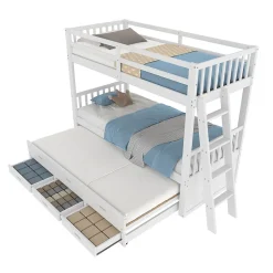 Enfant Okwish Lit Superposé 90x200 cm avec Lit Gigogne et 3 Tiroirs - Bois de Pin et MDF - Sans Matelas - Blanc