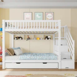 Enfant Redom Lit superposé 90x200 cm avec lit gigogne et armoire intégrée, escalier coffre en pin blanc
