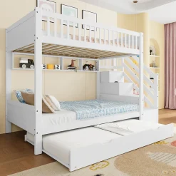 Enfant Redom Lit superposé 90x200 cm avec lit gigogne et armoire intégrée, escalier coffre en pin blanc