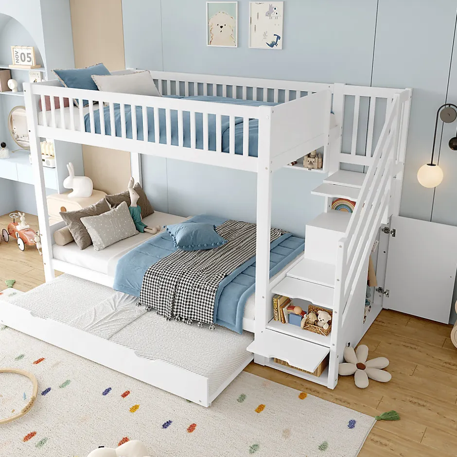Enfant Redom Lit superposé 90x200 cm avec lit gigogne et armoire intégrée, escalier coffre en pin blanc