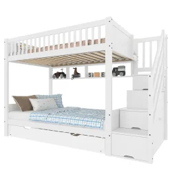 Enfant Redom Lit superposé 90x200 cm avec lit gigogne et armoire intégrée, escalier coffre en pin blanc