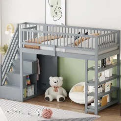 Enfant Redom Lit superposé 90x200 cm avec rangements intégrés et échelle de sécurité en bois massif, gain de place