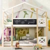 Enfant Redom Lit superposé 90x200 cm avec sommier inclus et échelle intégrée, toit ludique et tableau, pin massif/MDF blanc