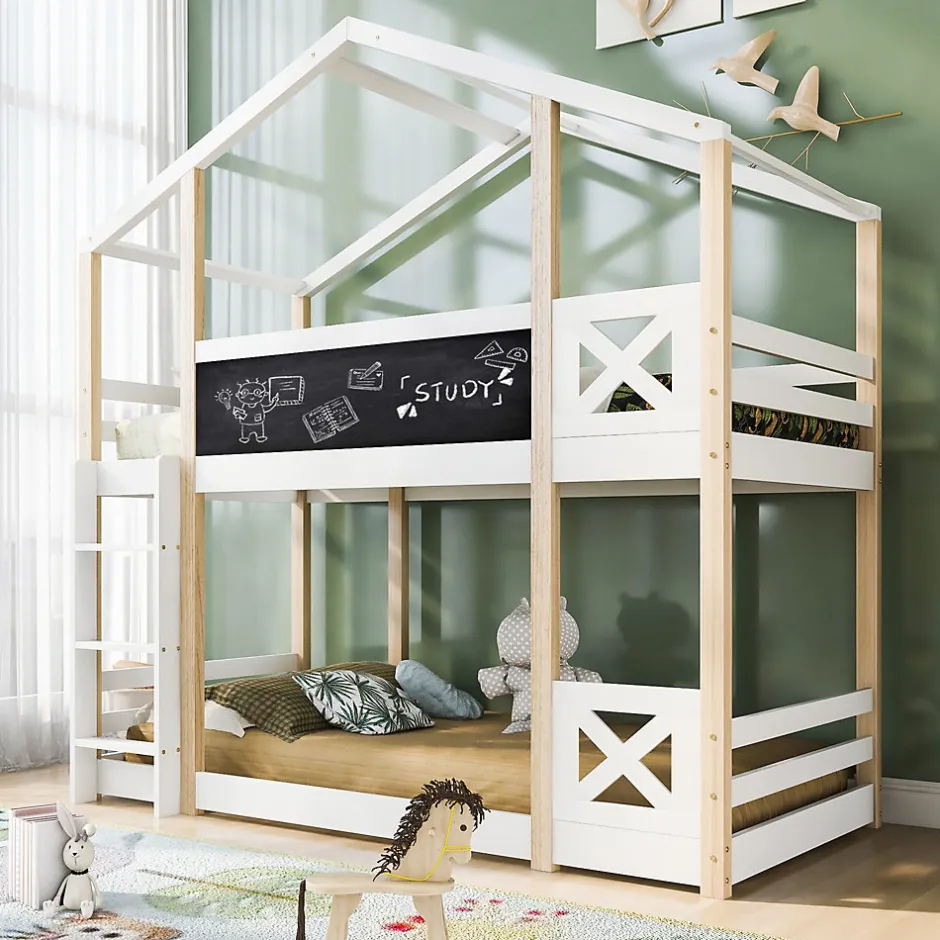 Enfant Redom Lit superposé 90x200 cm avec sommier inclus et échelle intégrée, toit ludique et tableau, pin massif/MDF blanc