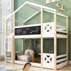 Enfant Redom Lit superposé 90x200 cm avec sommier inclus et échelle intégrée, toit ludique et tableau, pin massif/MDF blanc