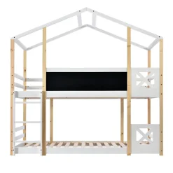 Enfant Redom Lit superposé 90x200 cm avec sommier inclus et échelle intégrée, toit ludique et tableau, pin massif/MDF blanc
