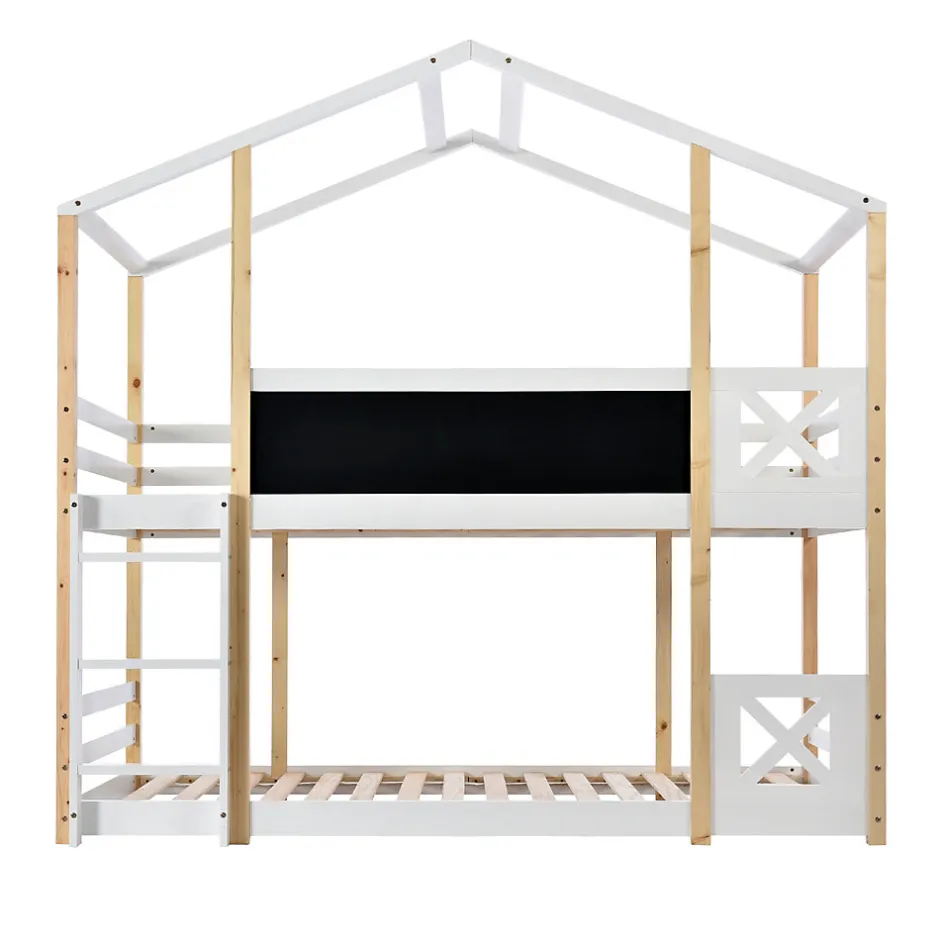 Enfant Redom Lit superposé 90x200 cm avec sommier inclus et échelle intégrée, toit ludique et tableau, pin massif/MDF blanc